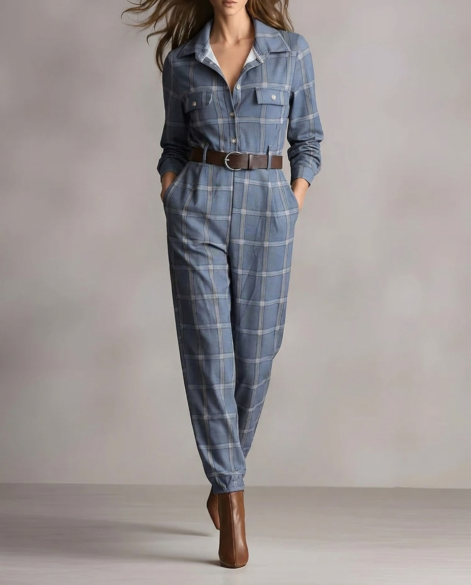 Plaid Collared Long Sleeve Belted Tapered Jumpsuit