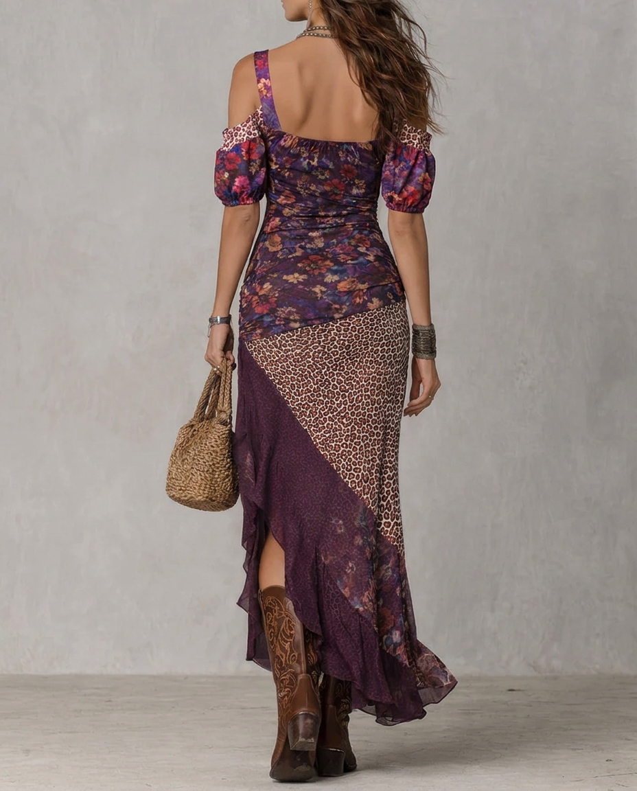Cold Shoulder Puff Sleeve Ruffle High Split Maxi Dress
