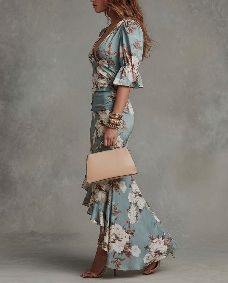 Floral Satin V-Neck Ruffle Sleeve Ruched High Low Midi Dress