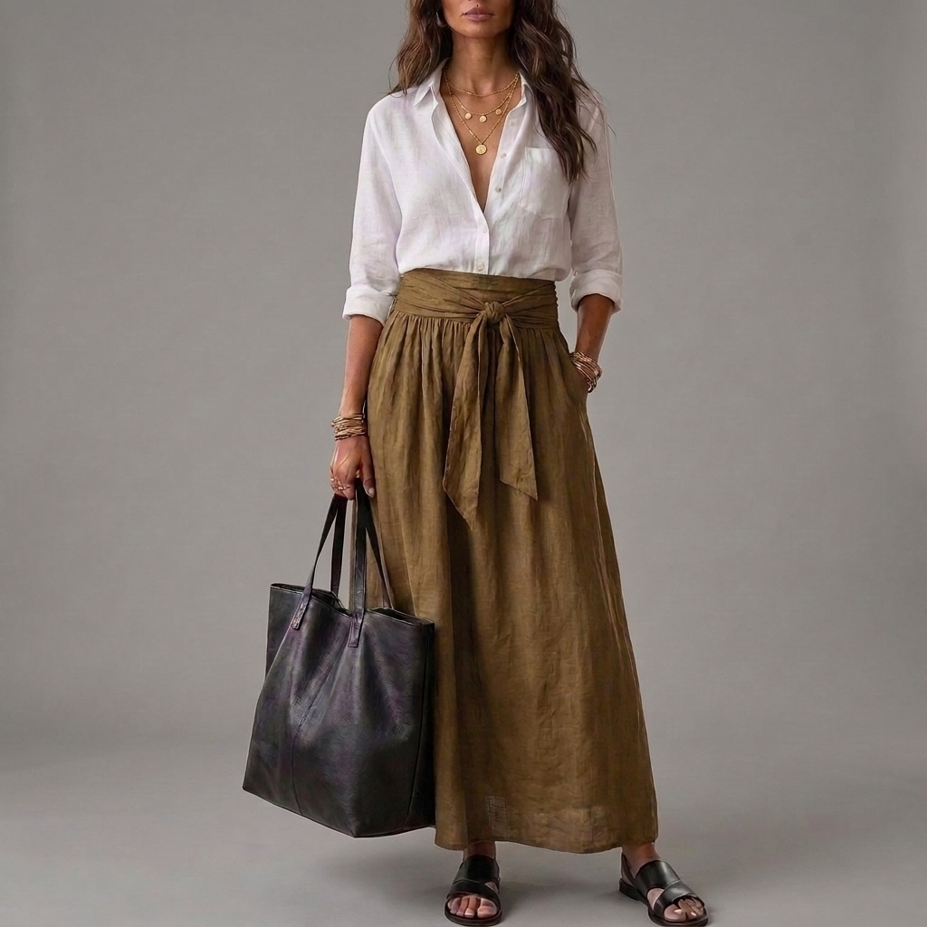 Button Front Shirt and Tie Waist Maxi Skirt Two Piece Set