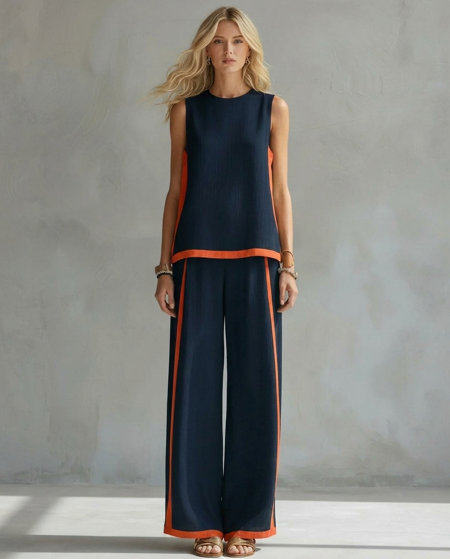 Sleeveless Contrast Trim Top and Wide Leg Pants Two Piece Set