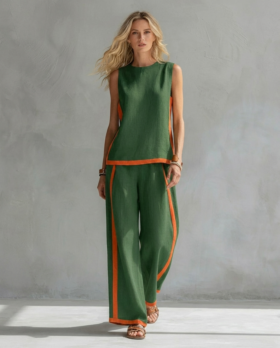 Sleeveless Contrast Trim Top and Wide Leg Pants Two Piece Set