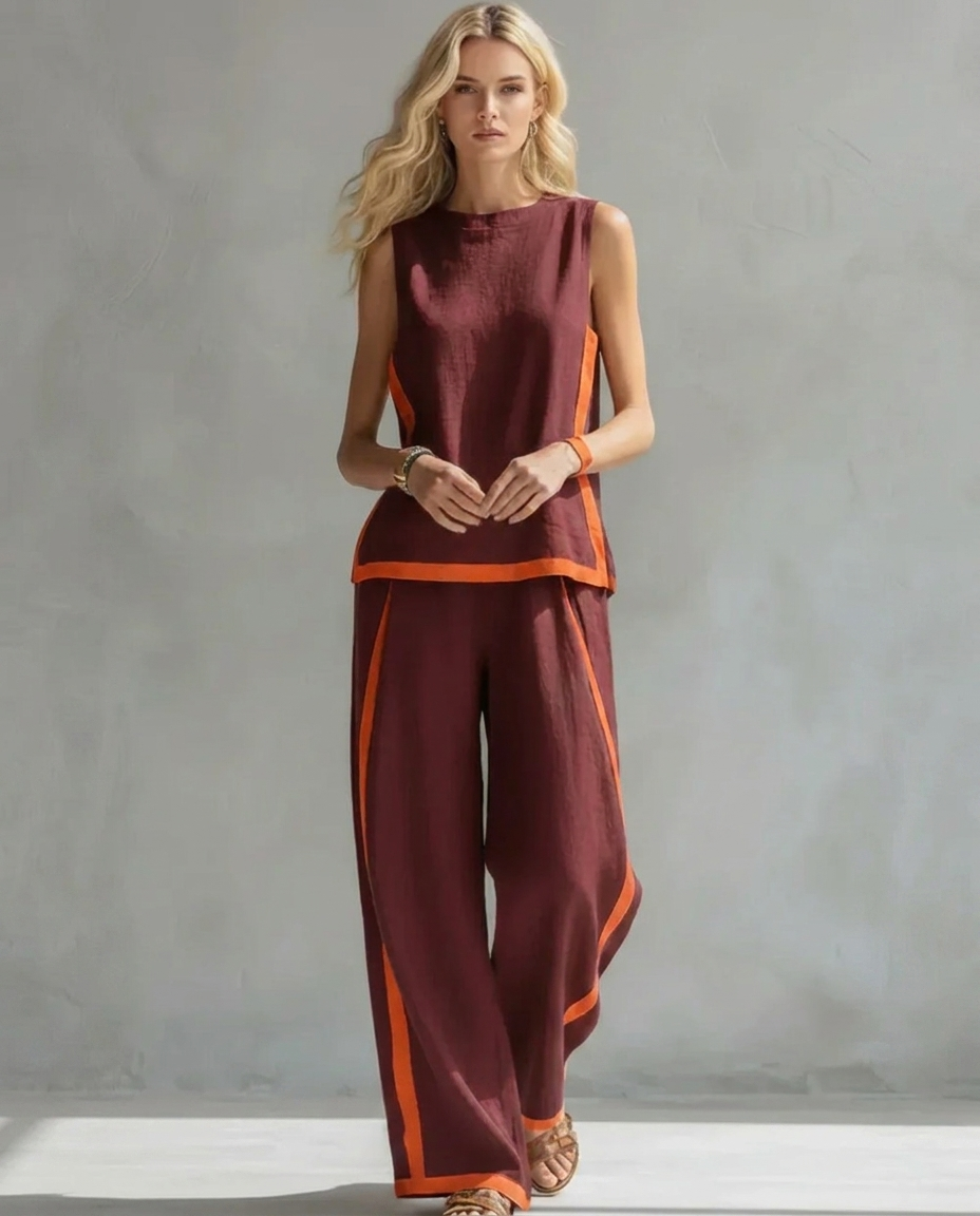 Sleeveless Contrast Trim Top and Wide Leg Pants Two Piece Set