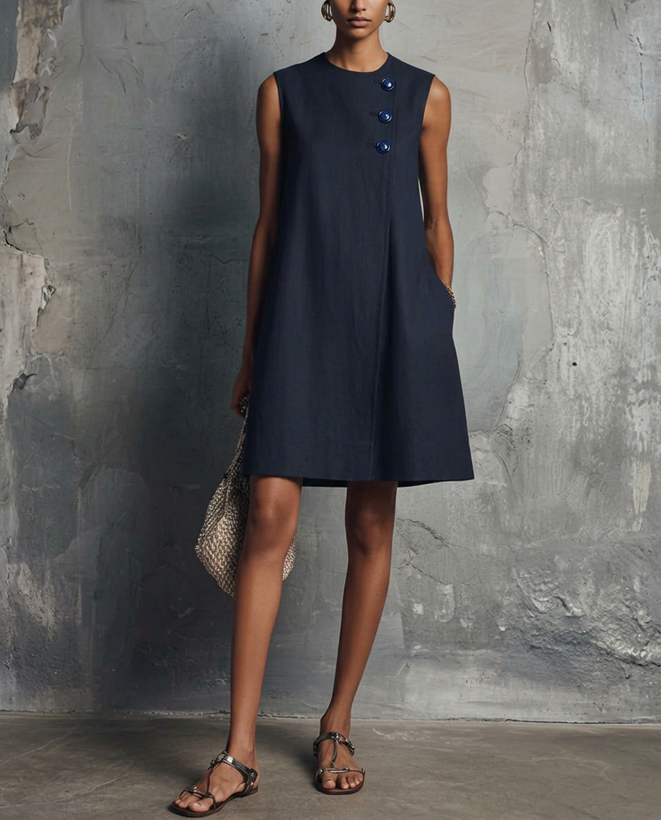 Round Neck Sleeveless Asymmetric Button A-Line Mini Dress