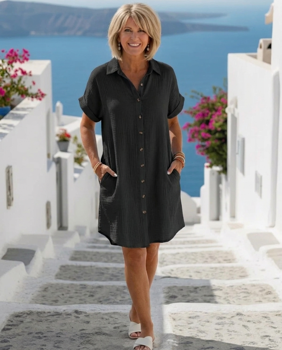 Collared Short Sleeve Button Front Pocket Knee Length Shirt Dress