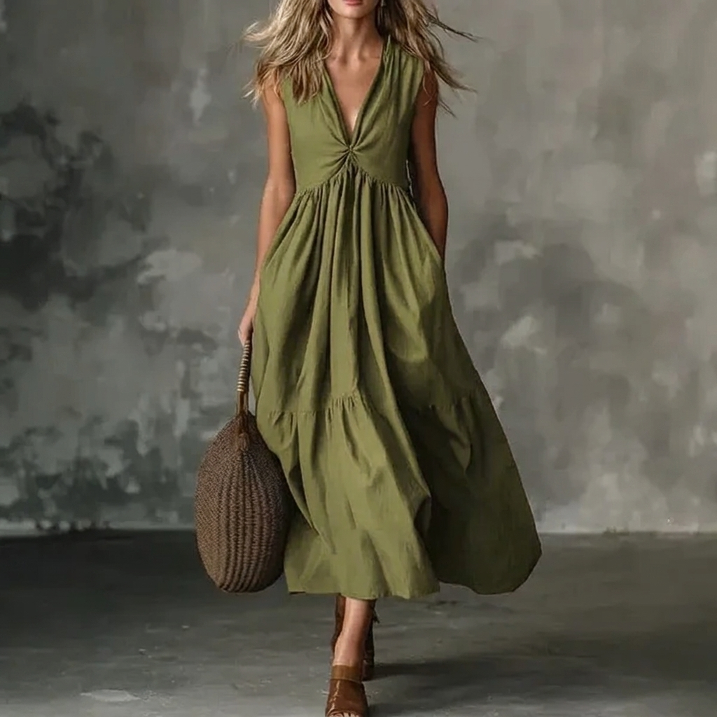 Deep V-Neck Twist Front Sleeveless Tiered Maxi Dress