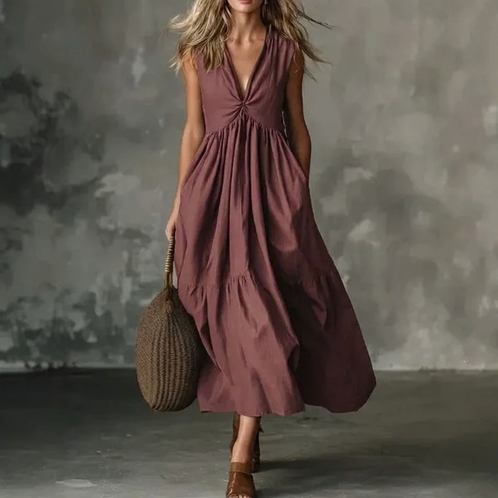 Deep V-Neck Twist Front Sleeveless Tiered Maxi Dress