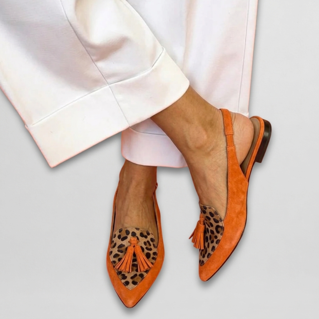 Pointed Toe Slingback Leopard Tassel Flats