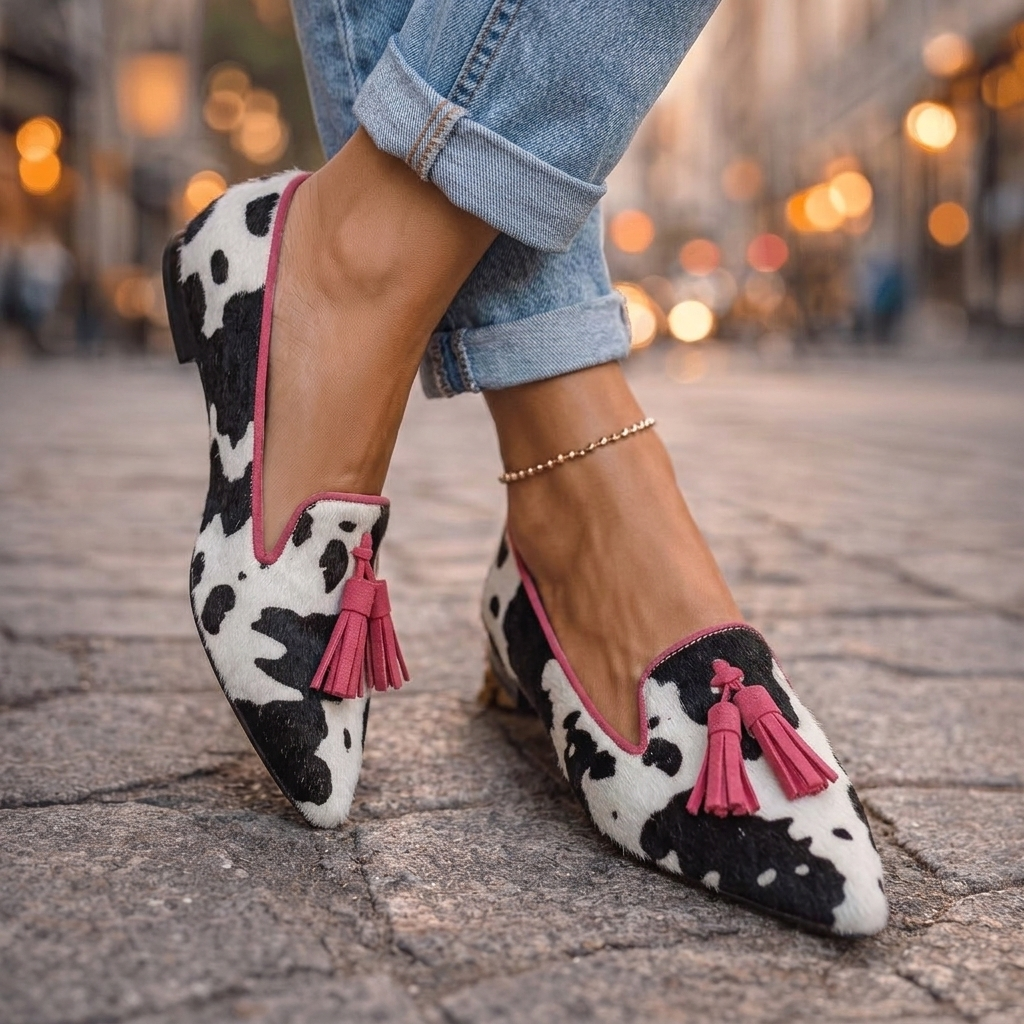 Animal Print Pointed Toe Tassel Flats