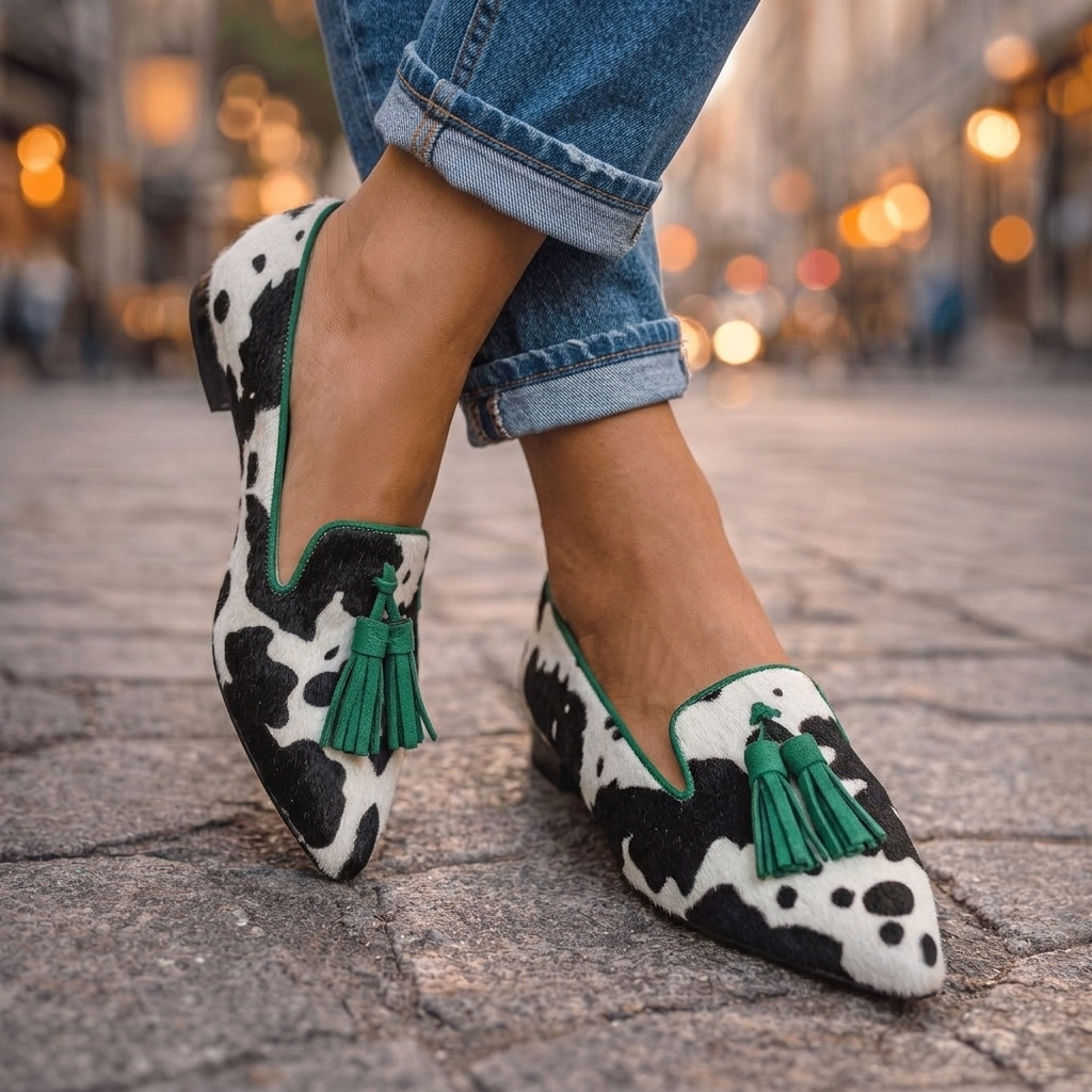 Animal Print Pointed Toe Tassel Flats