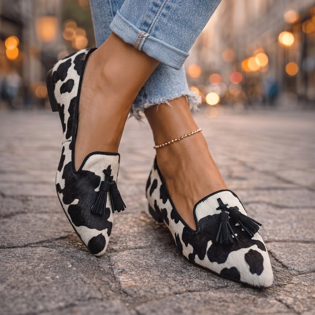 Animal Print Pointed Toe Tassel Flats