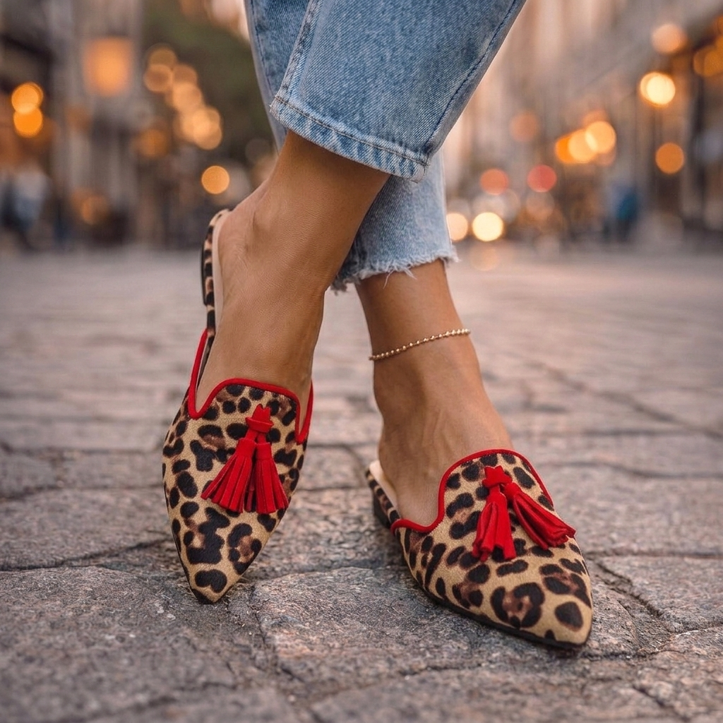 Leopard Print Pointed Toe Tassel Flat Mules
