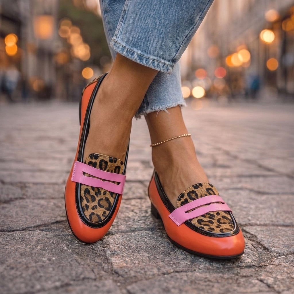 Leopard Print Contrast Strap Pointed Toe Penny Loafers