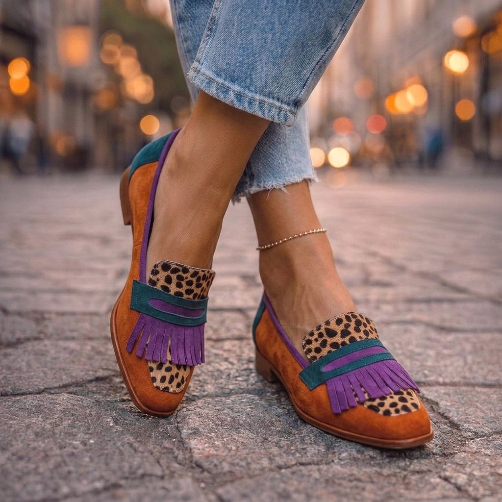 Pointed Toe Leopard Print Tassel Block Heel Loafers