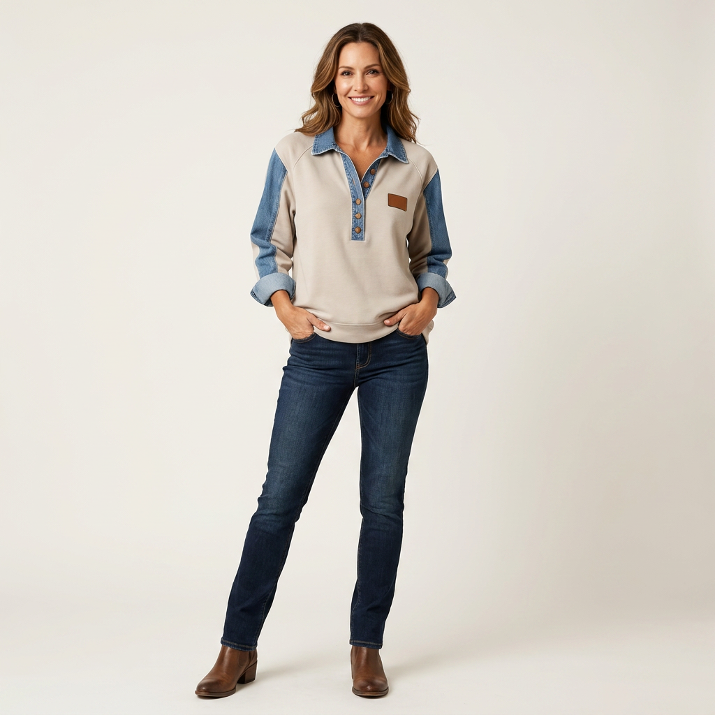 Collared Quarter Button Denim Contrast Pullover Sweatshirt