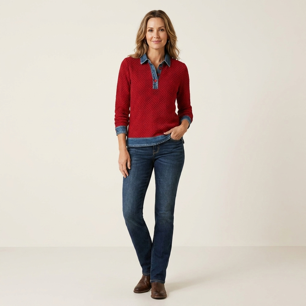 Contrast Collar Textured Knit Long Sleeve Polo Sweater