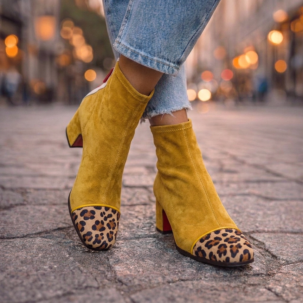 Leopard Print Block Heel Ankle Boots