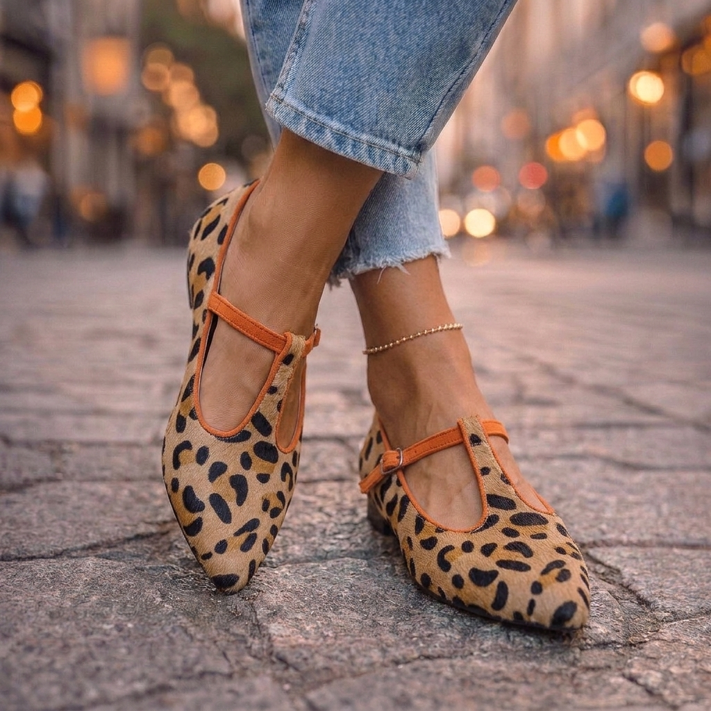 Leopard Pointed Toe T-Strap Buckle Flats