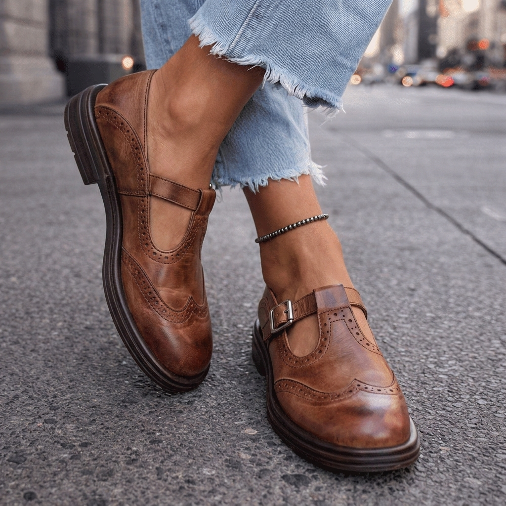 Brogue Wingtip T-Strap Buckle Mary Jane Flats