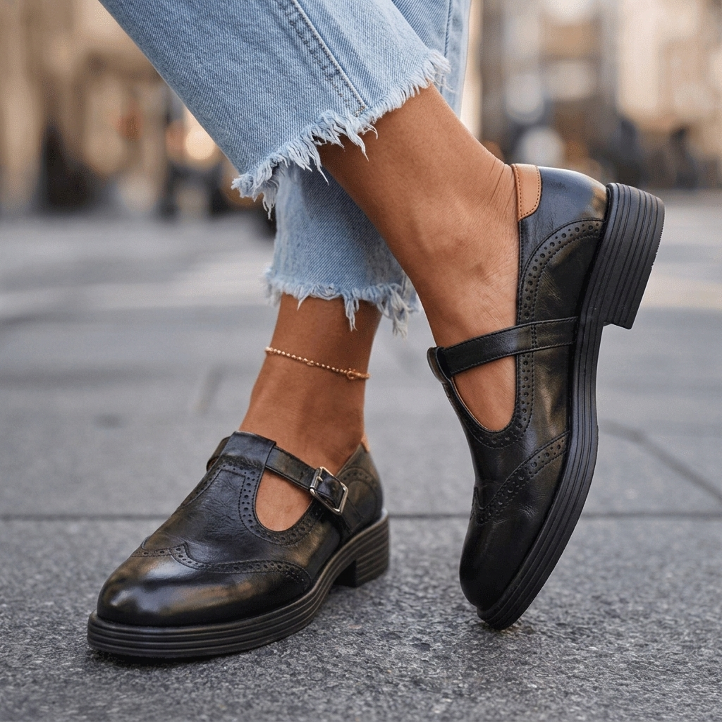Brogue Wingtip T-Strap Buckle Mary Jane Flats