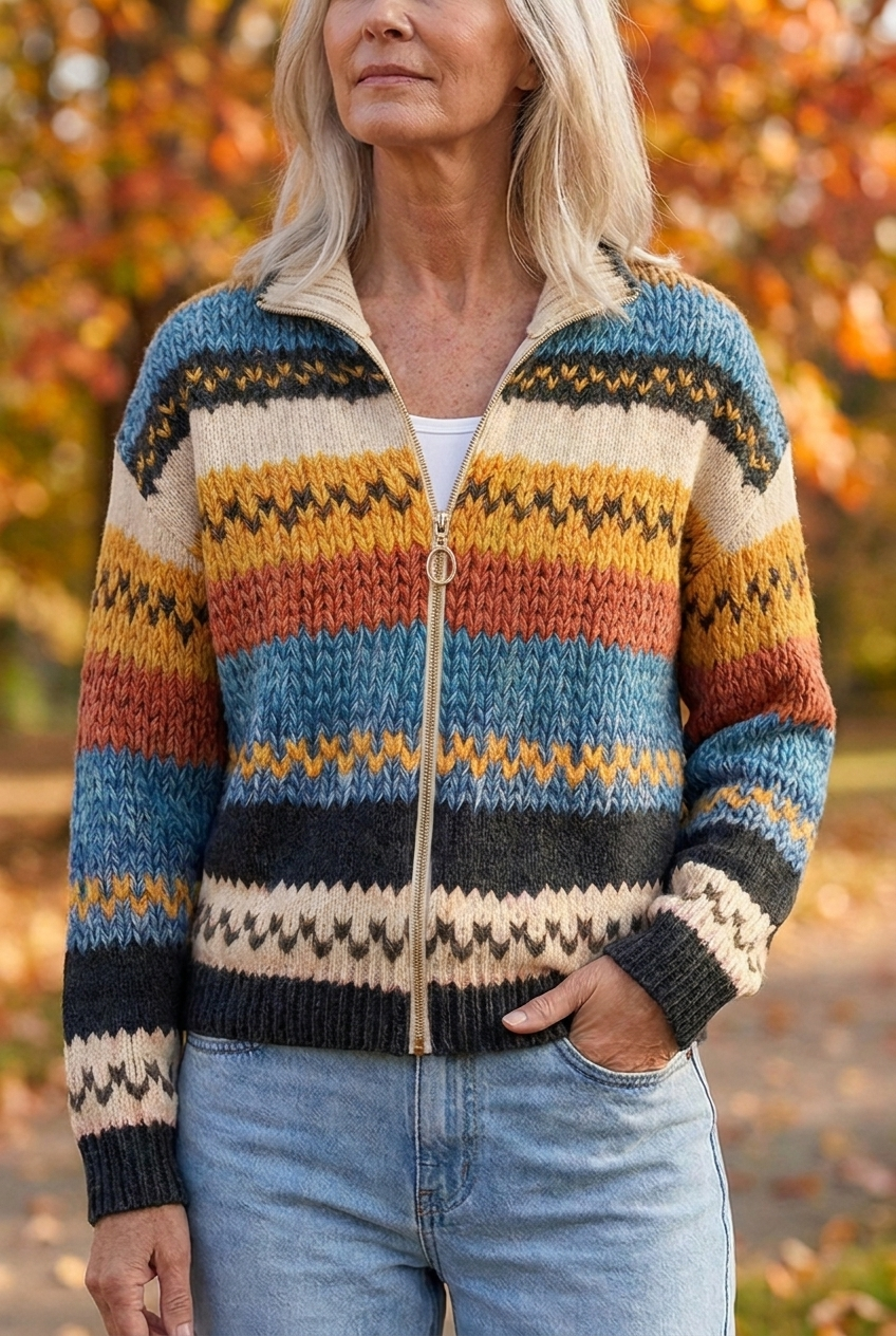 Zigzag Striped Fair Isle Zip Front Cardigan
