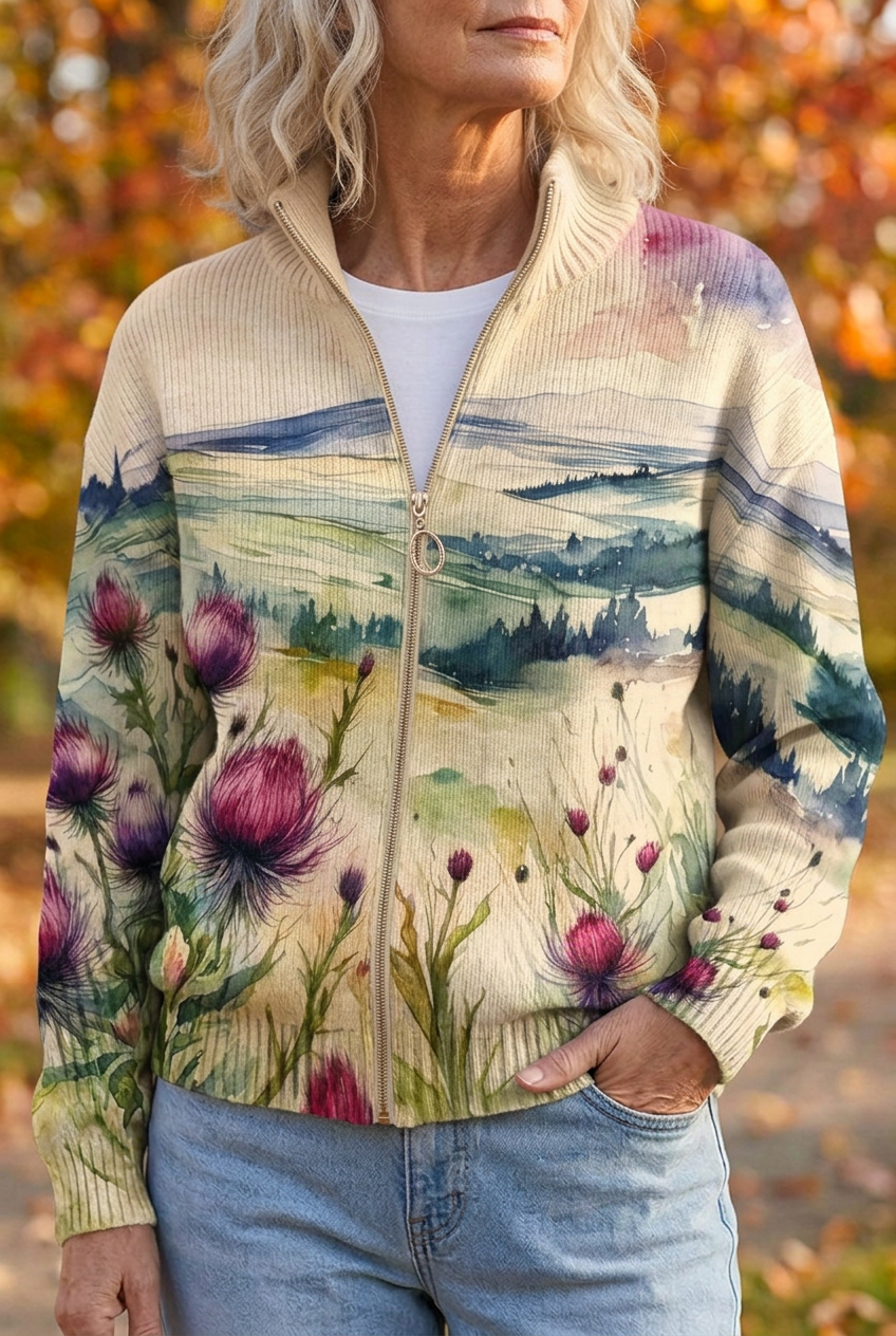 Thistle Landscape Print Zip Front Stand Collar Cardigan