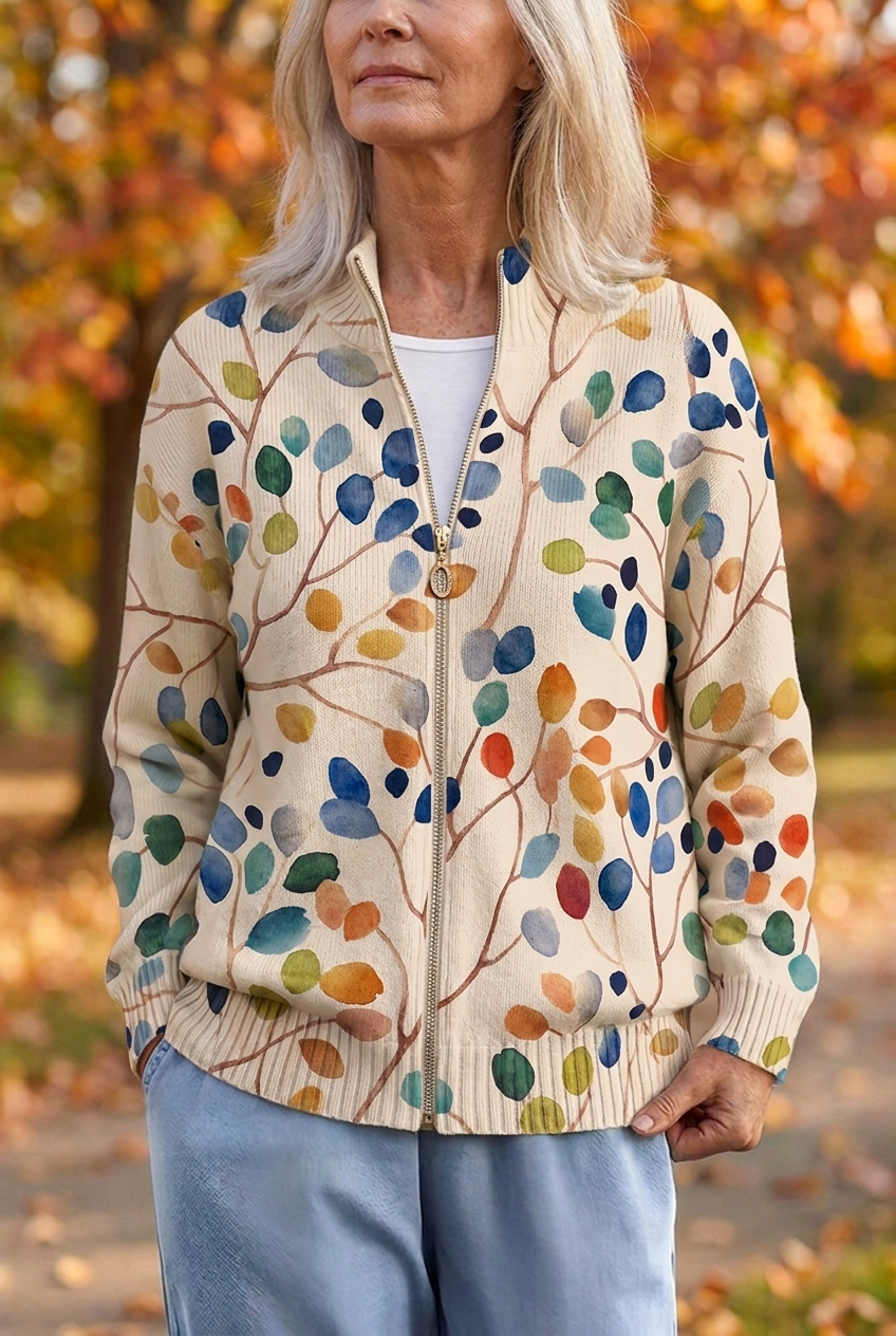 Botanical Leaf Print Zip Front Knit Cardigan