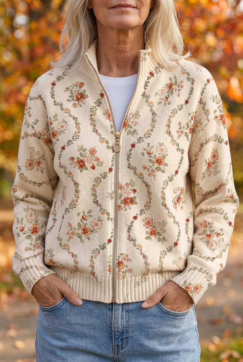 Floral Print Zip Front Stand Collar Cardigan