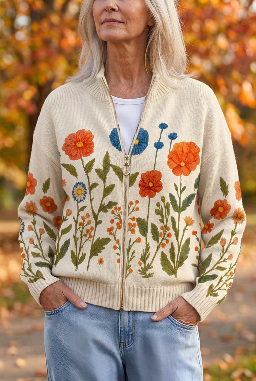 Wildflower Print Zip Front Stand Collar Cardigan