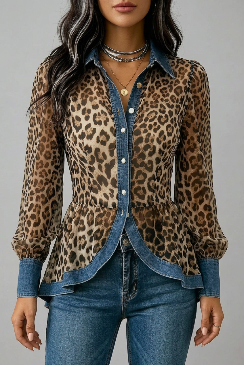 Leopard Print Denim Contrast Trim Peplum Blouse