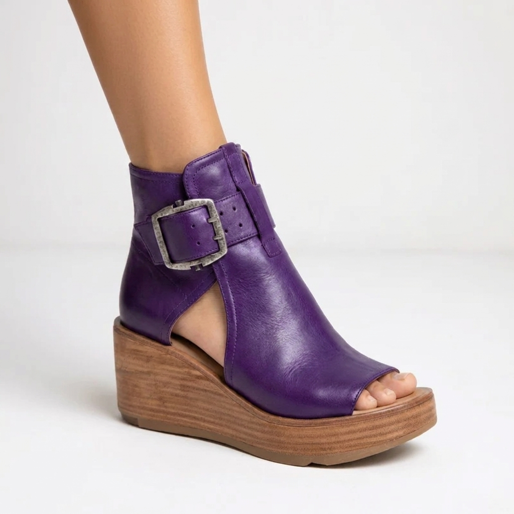 Buckle Strap Cut Out Peep Toe Platform Wedge Ankle Boots