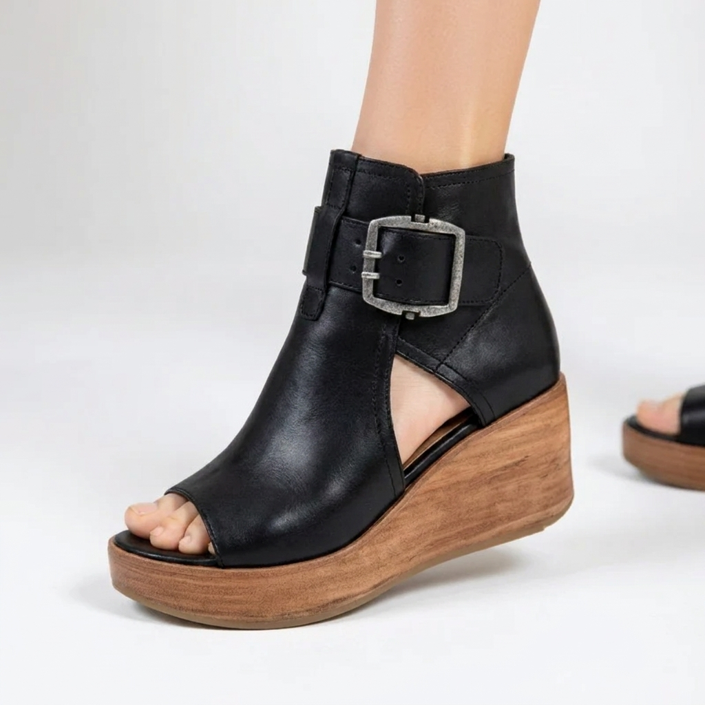Buckle Strap Cut Out Peep Toe Platform Wedge Ankle Boots