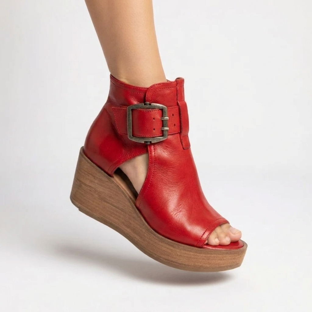 Buckle Strap Cut Out Peep Toe Platform Wedge Ankle Boots