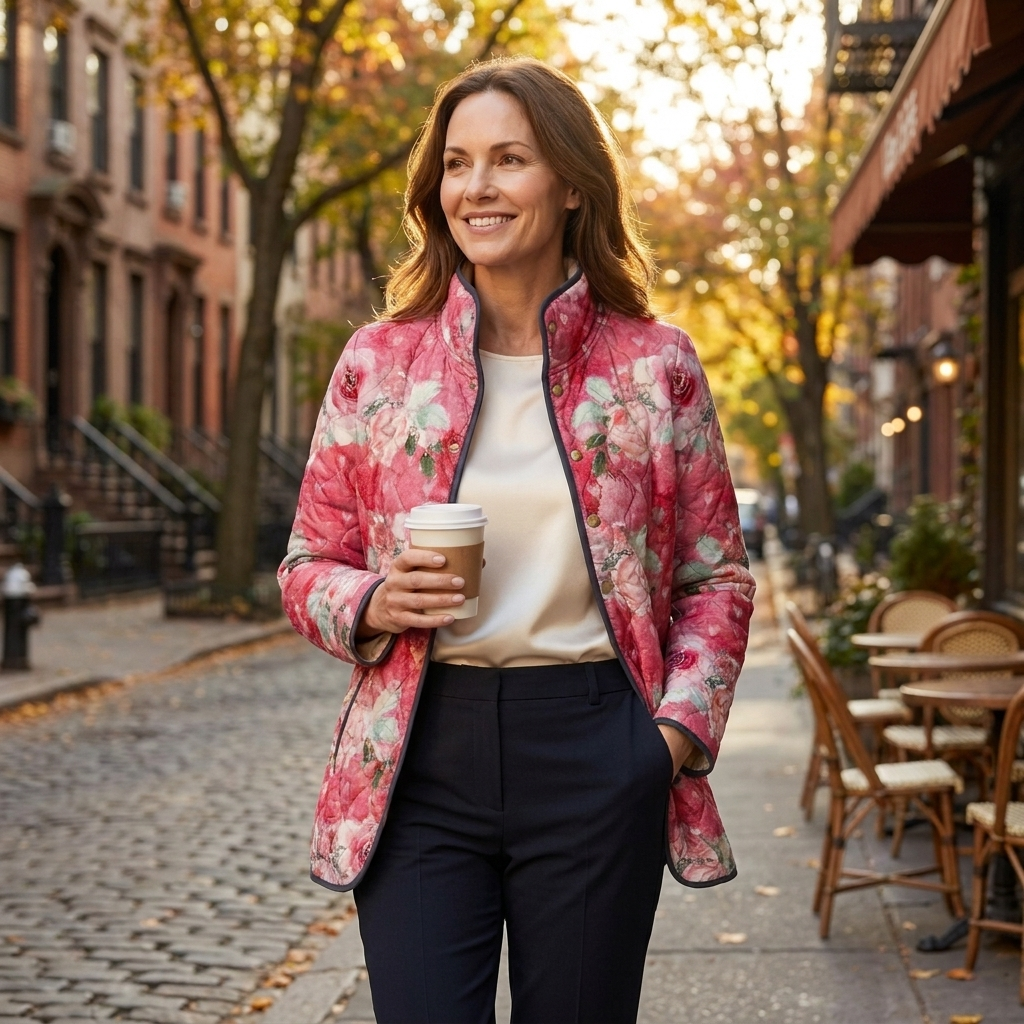 Freya | Charming Pink Floral Print Quilted Jacket