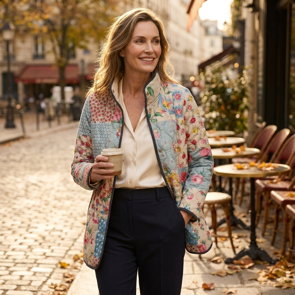 Floral Patchwork Print Stand Collar Open Front Quilted Jacket