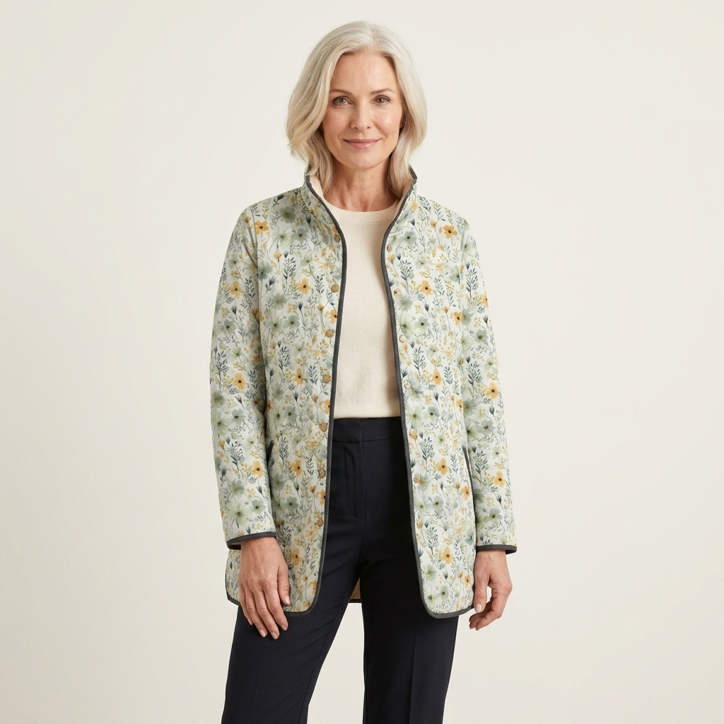Floral Print Quilted Longline Open Front Jacket