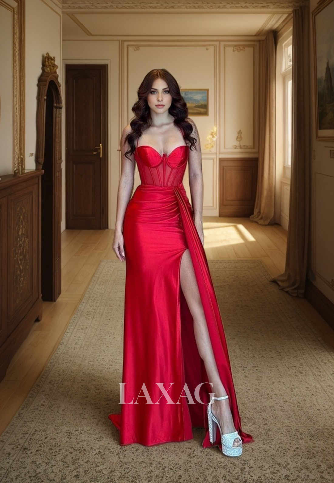 22049 - Sweetheart Ruched Red Mermaid Long Formal Prom Dress with Slit