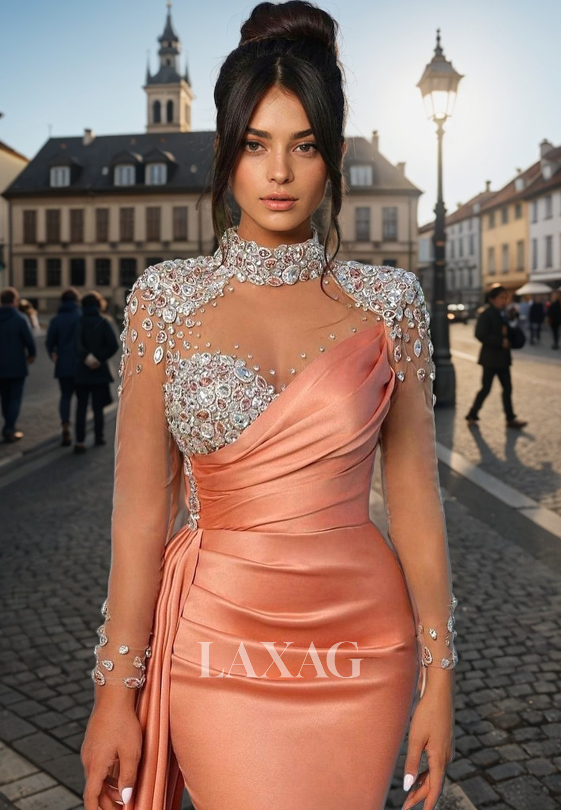 21904 - Illusion Neckline Beads Long Sleeves Mermaid Long Formal Prom Dress