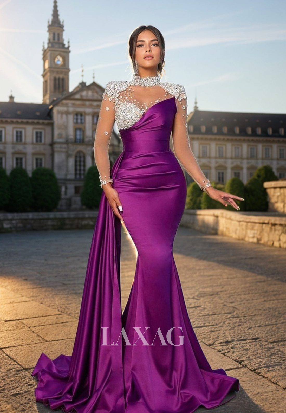 21904 - Illusion Neckline Beads Long Sleeves Mermaid Long Formal Prom Dress