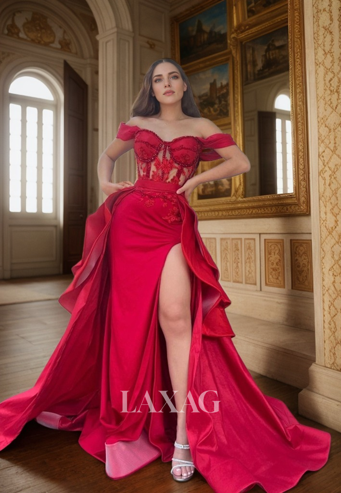 14786 - Off the Shoulder Ruched Detachable Skirt Long Red Semi Formal Prom Dress with Slit