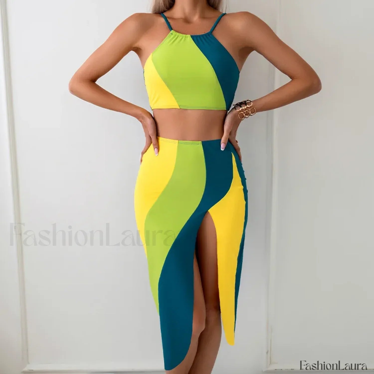 High-Neck Pink Sarong Three Piece Set