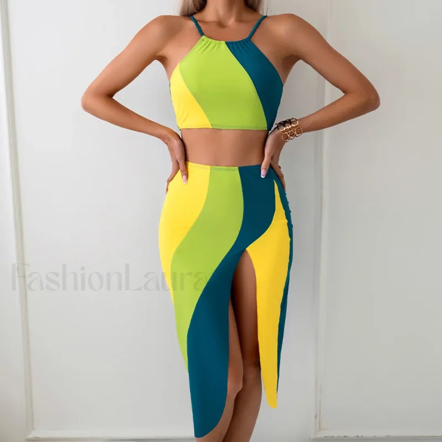 High-Neck Pink Sarong Three Piece Set