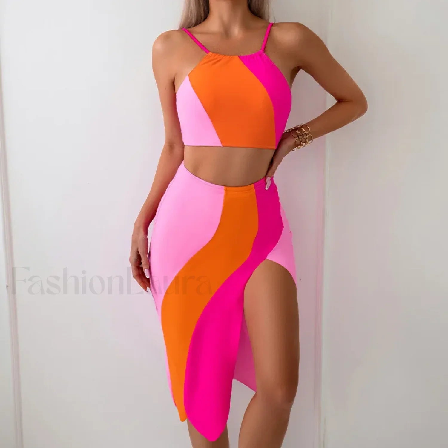 High-Neck Pink Sarong Three Piece Set
