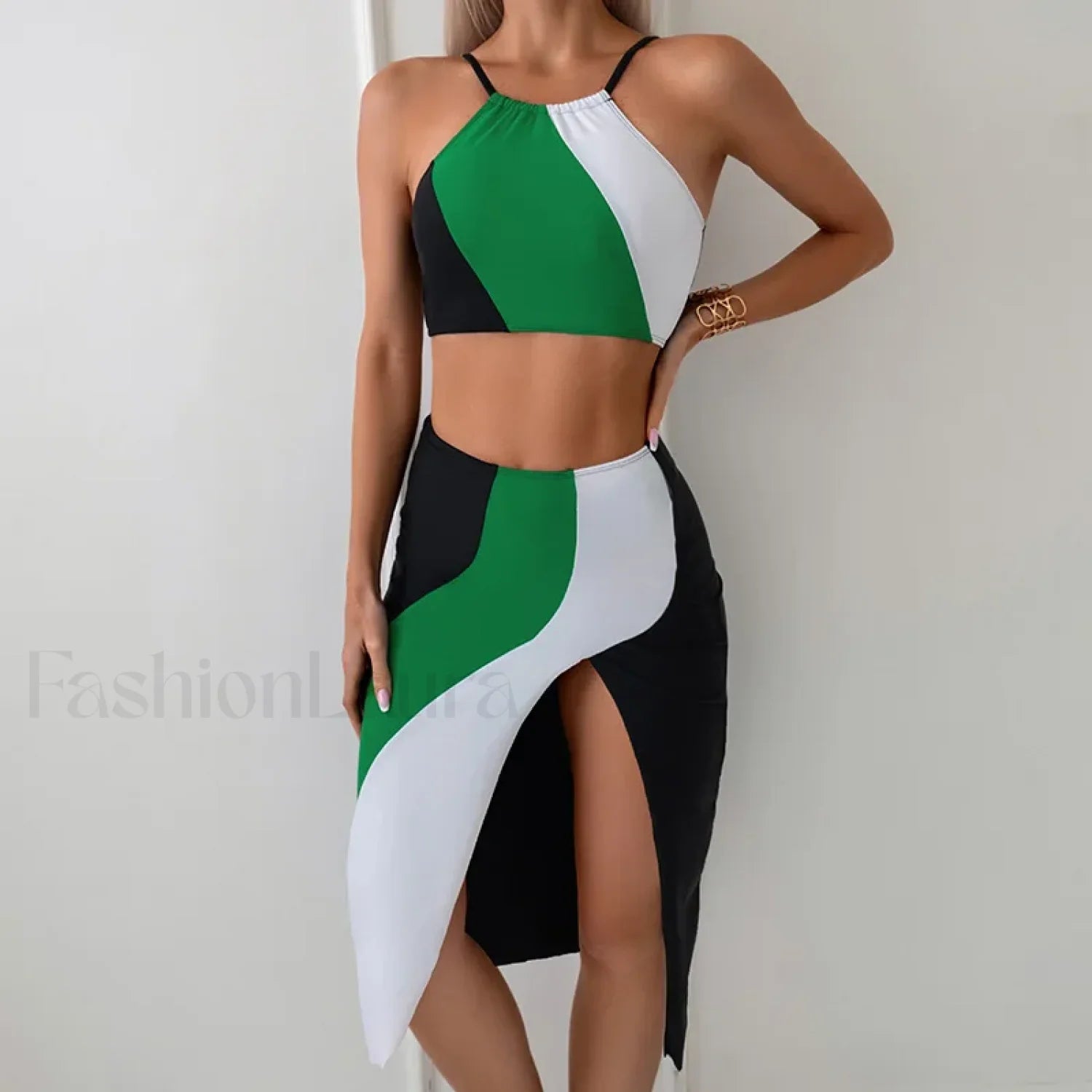 High-Neck Pink Sarong Three Piece Set