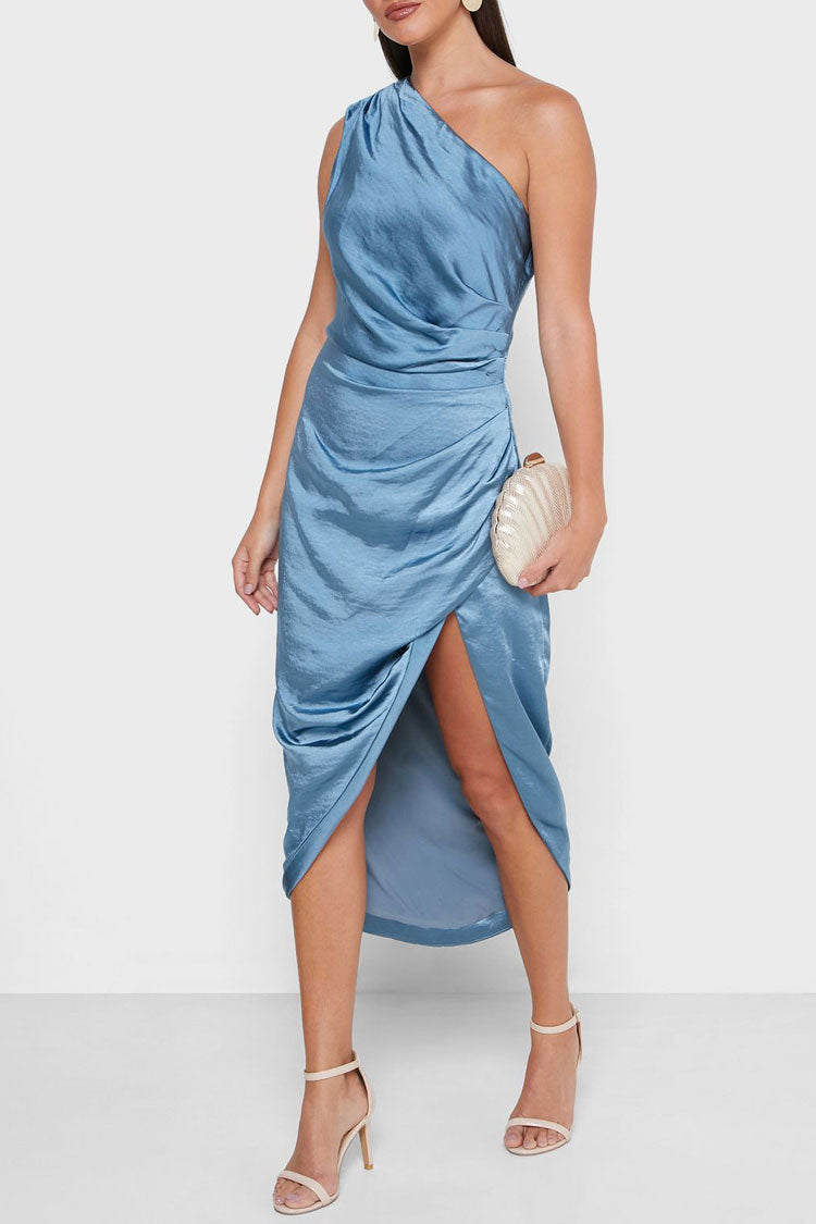 Satin One Shoulder Ruched Wrap High Split Midi Dress