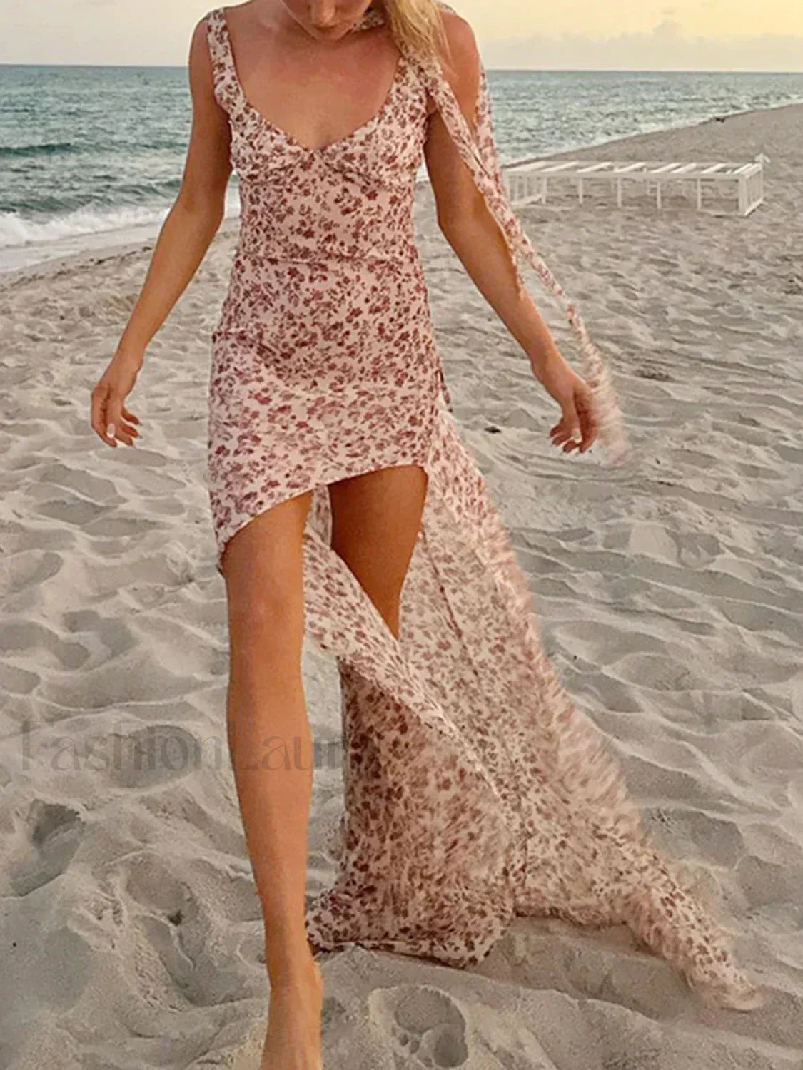 High-Slit Spaghetti Floral Dress