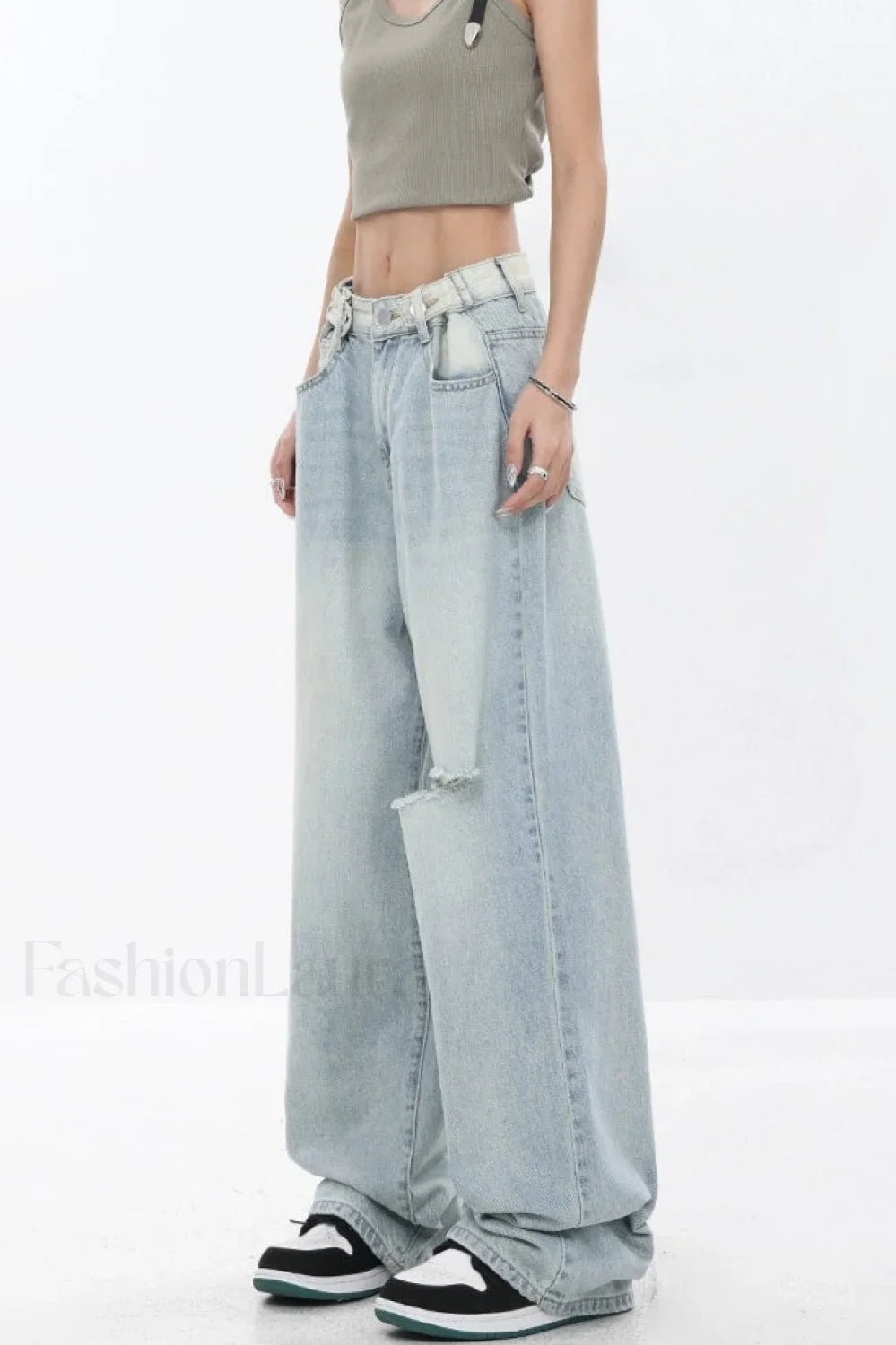 High Waist Draped Gradient Ripped Jeans