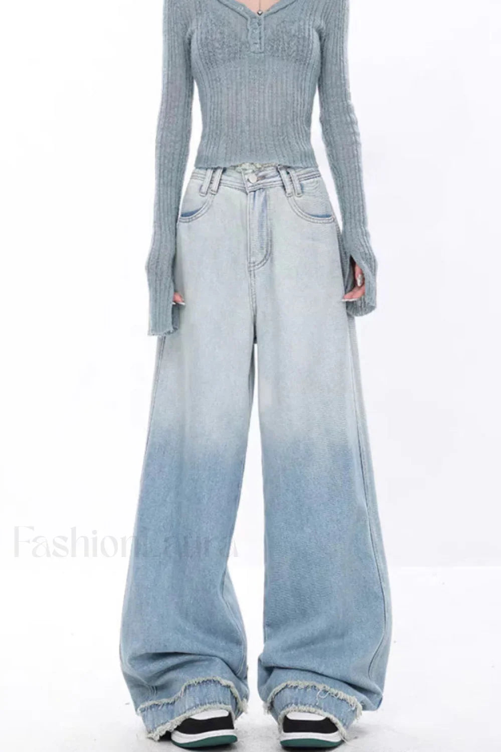 High Waist Draped Gradient Ripped Jeans Gradient Blue / S
