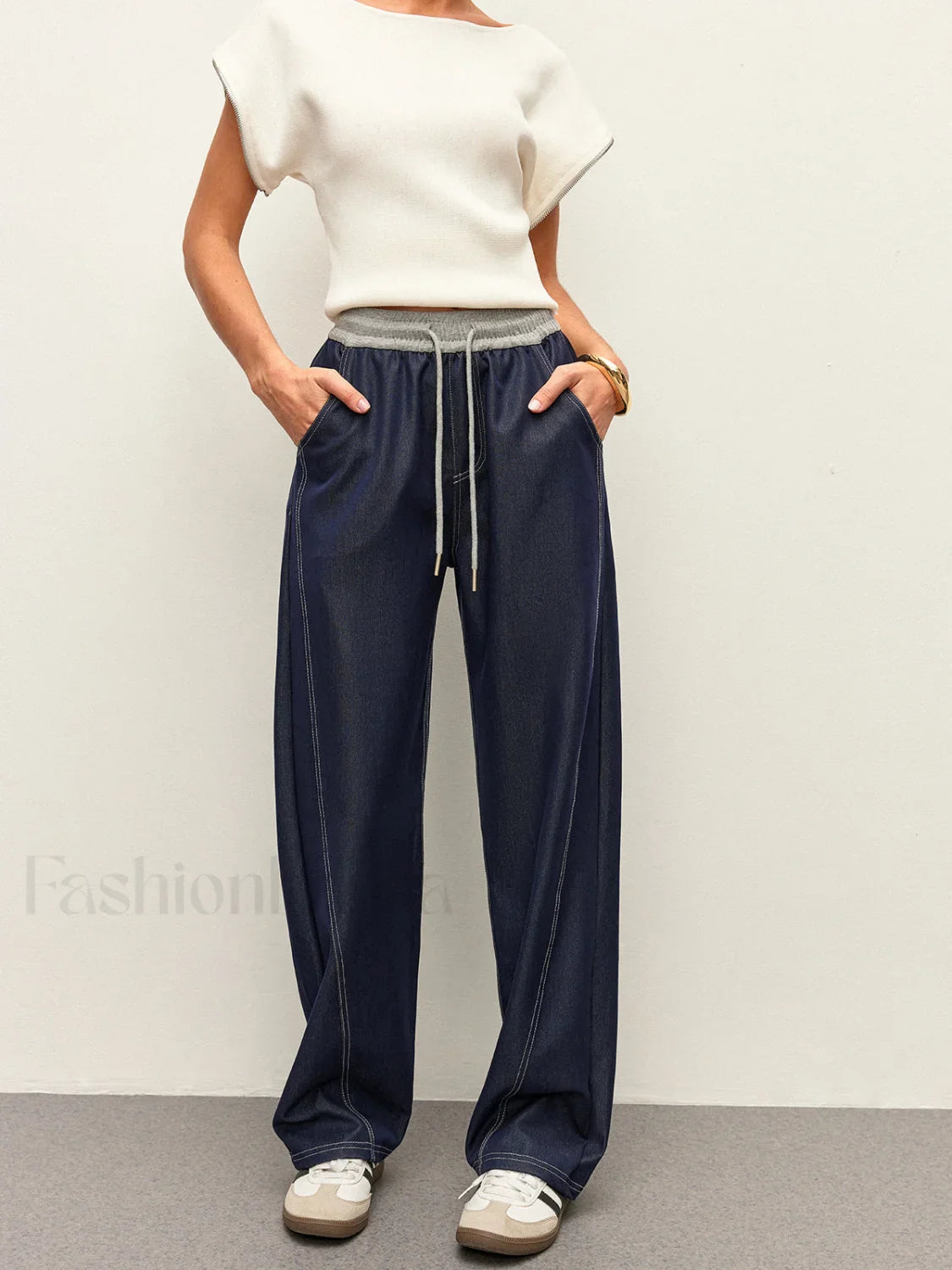 High-Waist Drawstring Denim Pants With Pockets