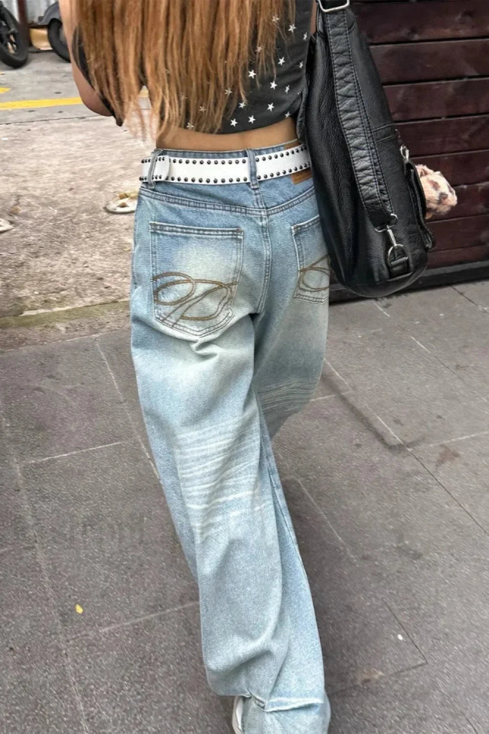 High Waist Embroidered Wide Leg Jeans